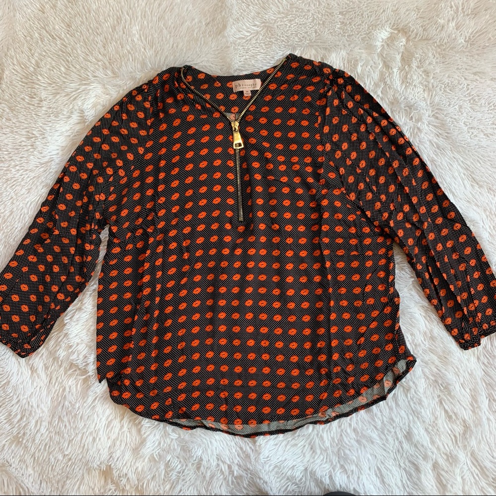 Philosophy Lips Zipper V-Neck Top Size 2X